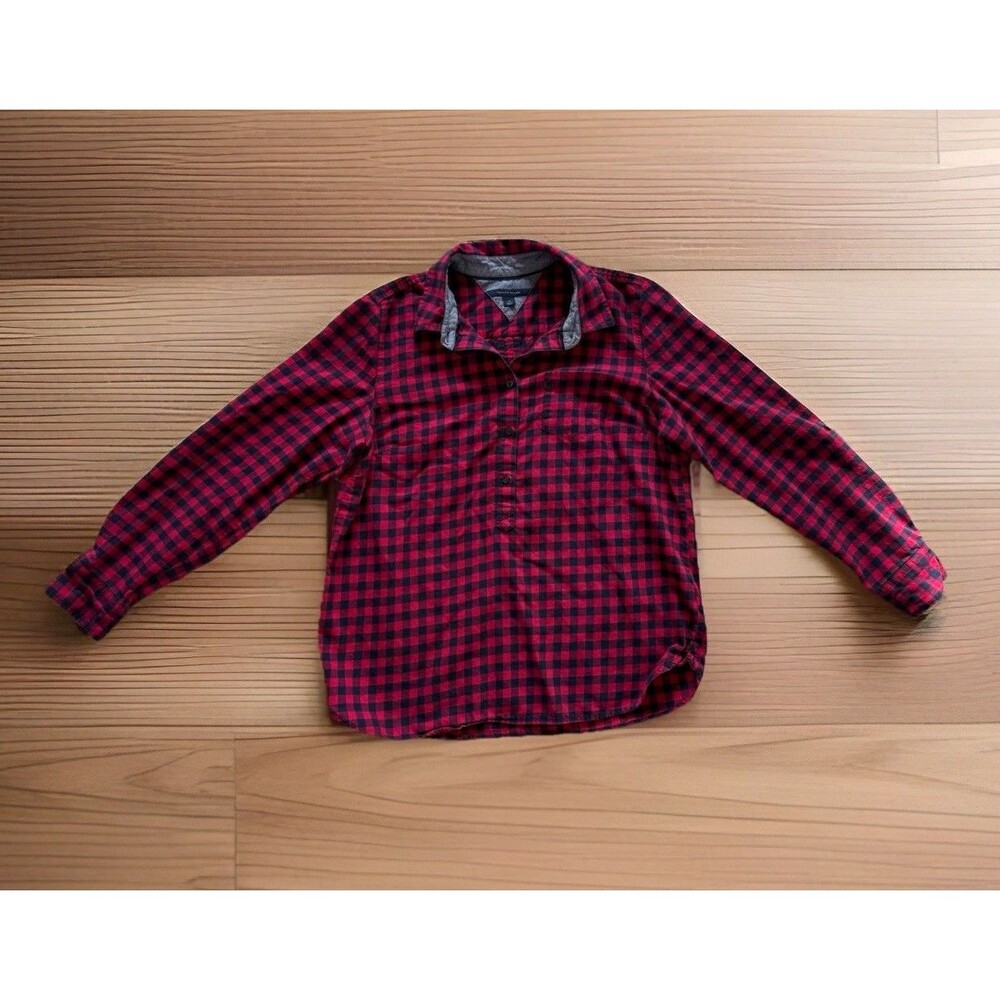 Tommy Hilfiger Womens Large Flannel Blouse Plaid Pullover Half Button Red Navy